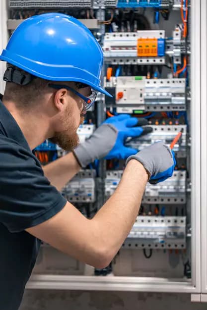 Électricien intervenant dans une armoire électrique